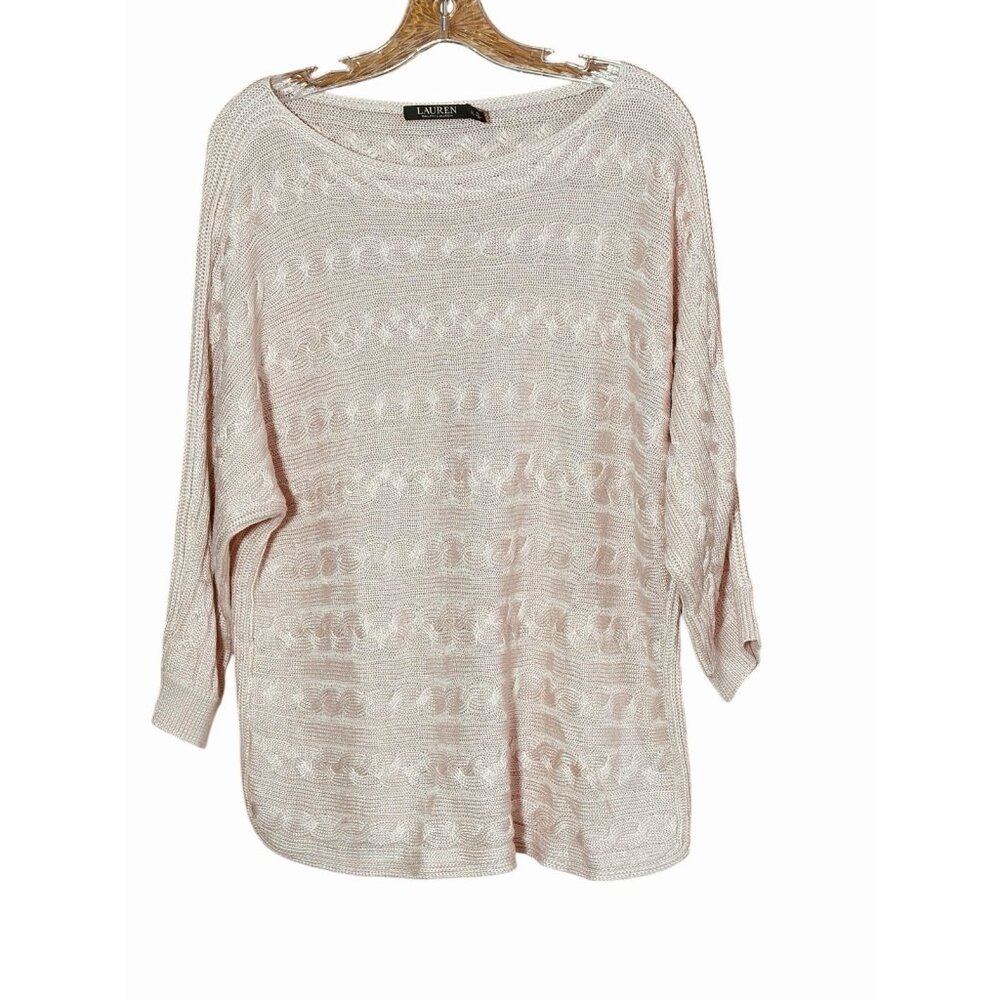 Lauren Ralph Lauren Sweater Womens XL Pink Cable Knit 3/4 Sleeve Cotton Blend